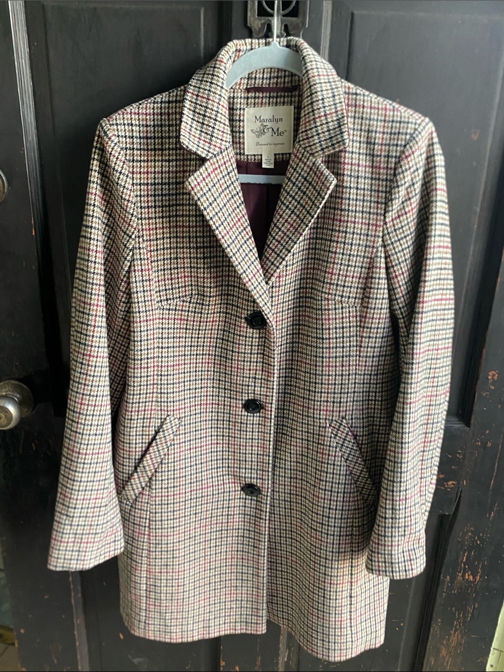 Maralyn & Me Women's Plaid Blazer Coat in Cream, Black and Red Accents
